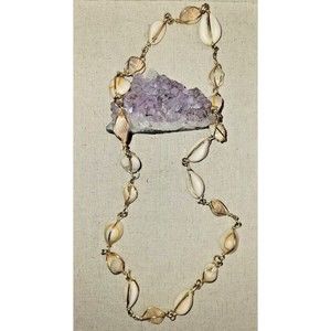 Vintage Caged Cowrie Conch Shell Necklace 60s/70s Wire Wrapped 32" Gold Tone Lei